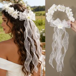 White Bridal Flower Bow Veil Headband